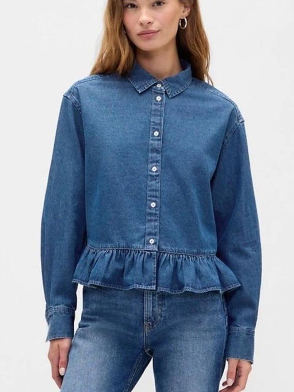 NWT Gap Denim Button-Up Ruffle Hem Shirt, Cropped, Size: M